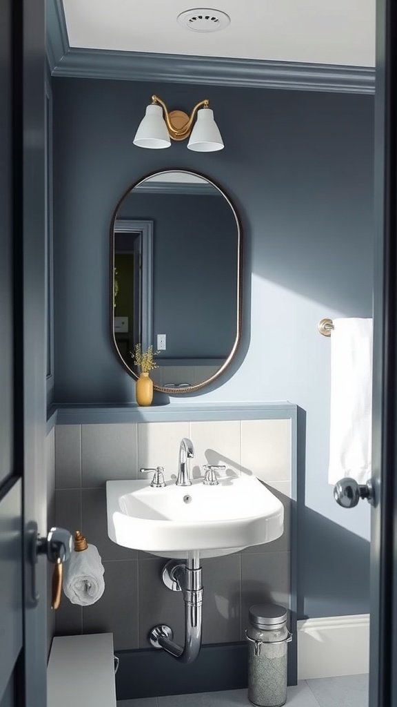 A modern small bathroom featuring blue gray walls, a white sink, and stylish fixtures.