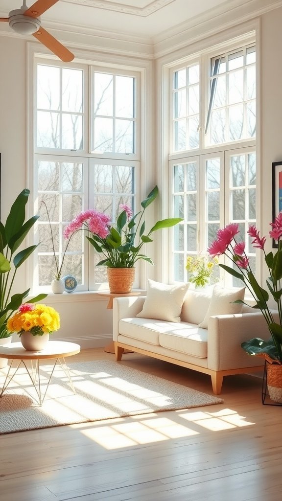 A bright living room with large windows, a cozy sofa, and vibrant plants