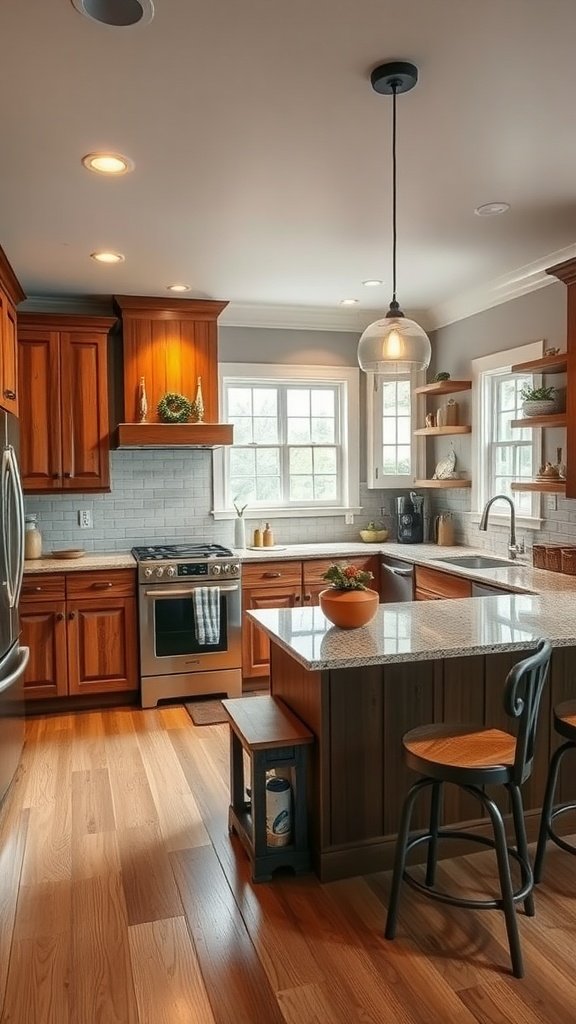 A rustic U-shaped kitchen featuring natural wood cabinets, a granite countertop, and warm lighting.