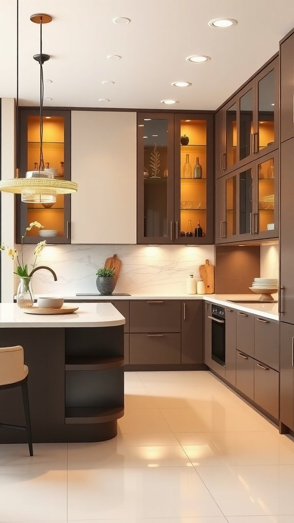 A modern kitchen featuring ceiling-high cabinets with warm lighting, dark cabinetry, and a sleek design.