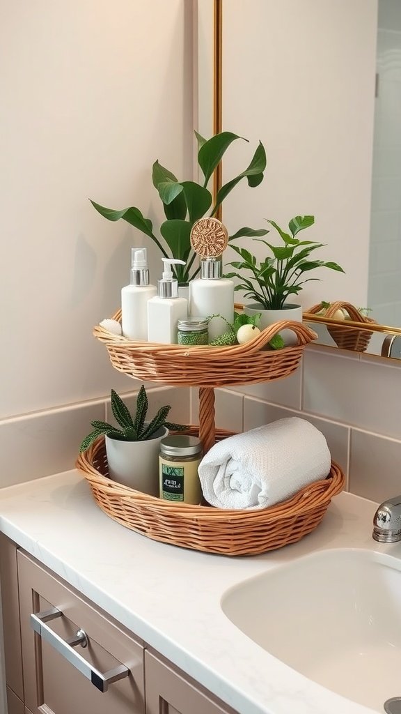 A two-tiered wicker basket tray on a bathroom counter, holding toiletries, plants, and towels.