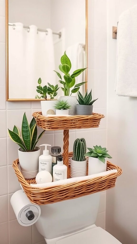 Two-tiered wicker basket tray filled with plants and bathroom essentials in a guest bathroom.