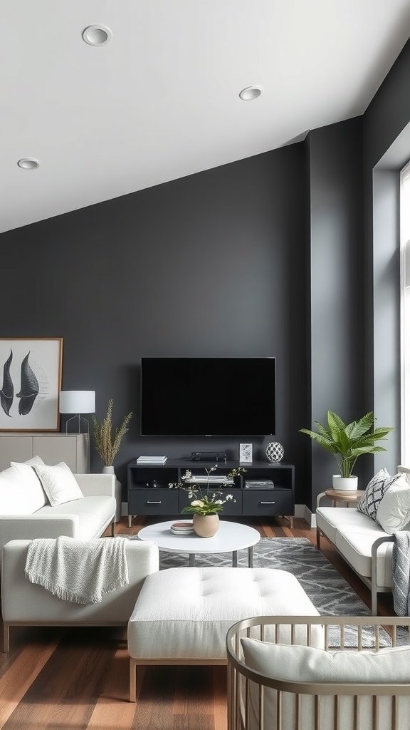 A modern living room with charcoal gray walls and white furniture, showcasing a cozy and stylish atmosphere.