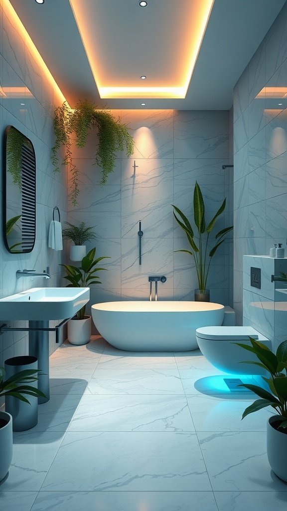 A modern bathroom with a freestanding tub, plants, and soft lighting.