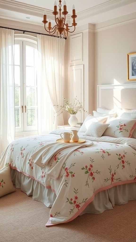 A beautifully styled master bedroom with floral bedding, soft curtains, and a chandelier.