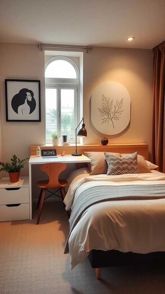 A cozy guest bedroom with a desk and stylish decor, combining a sleeping area with a home office.