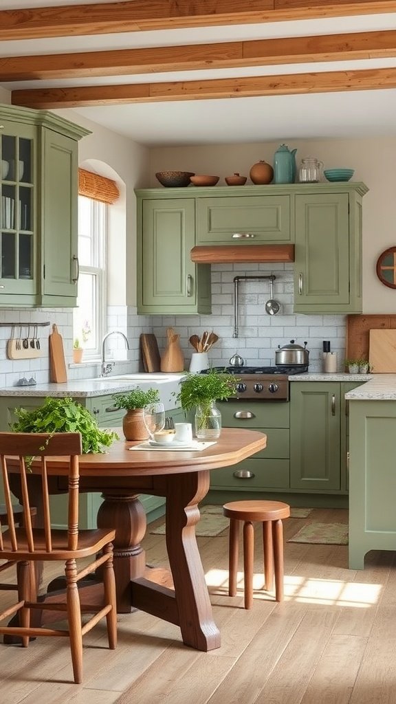 A kitchen featuring sage green cabinets and wooden elements, showcasing the use of Farrow & Ball's Vert De Terre paint.