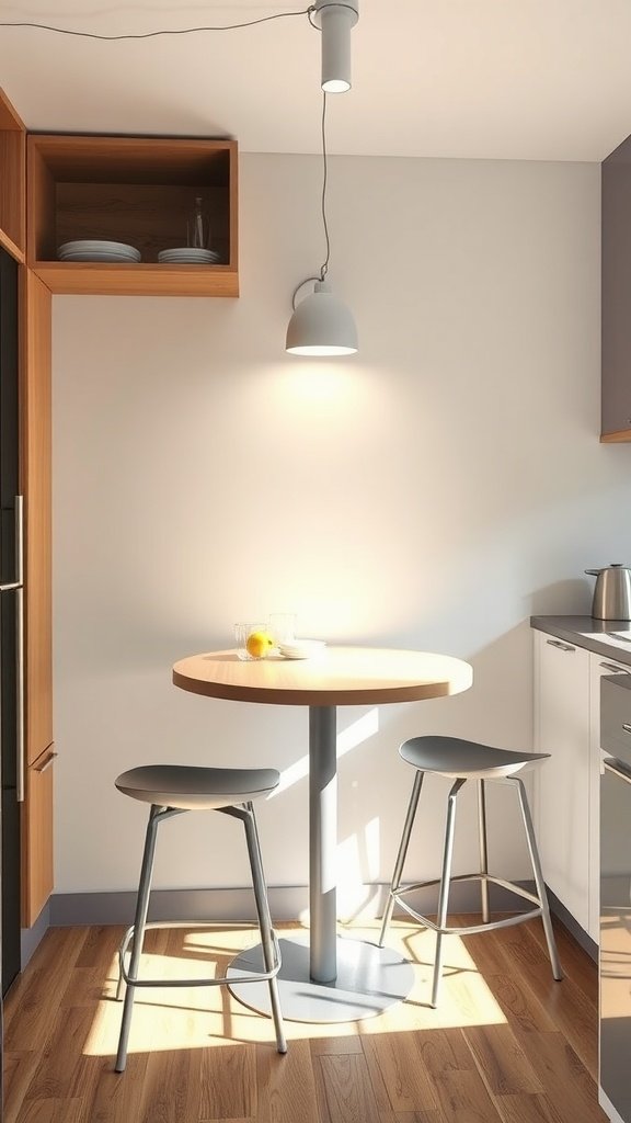 A small, fold-down dining table with two stools in a modern kitchen setting.