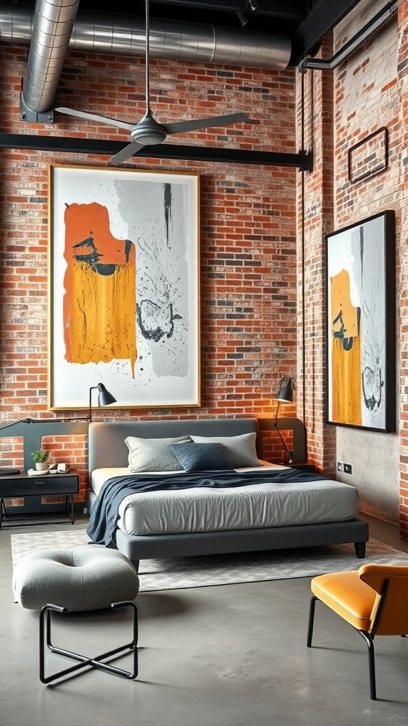 A modern industrial bedroom featuring large abstract art pieces on brick walls.