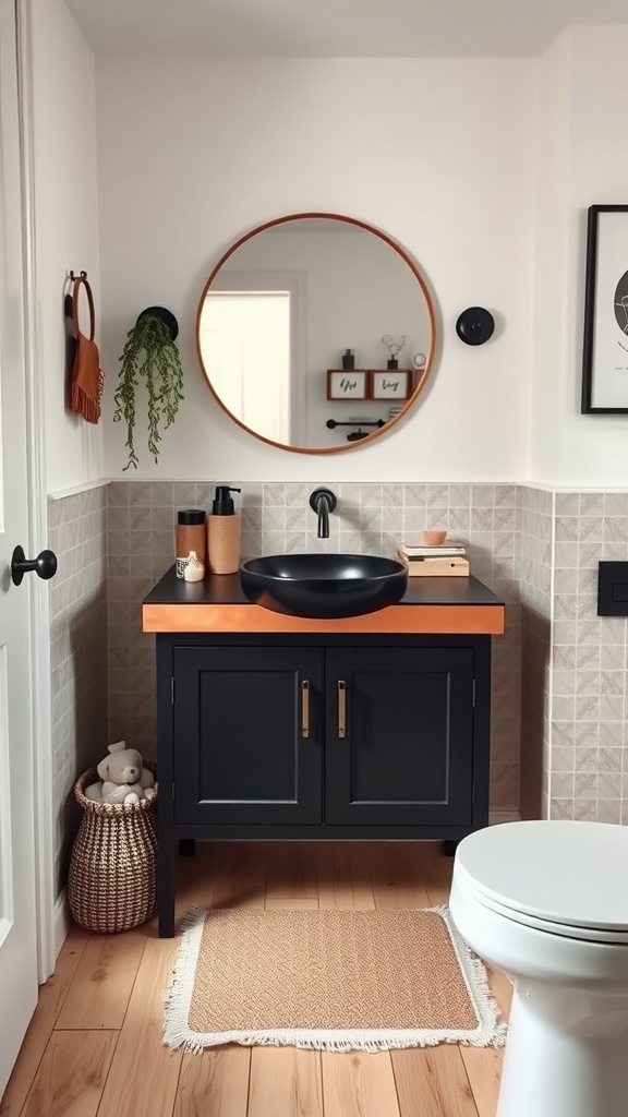 Lillangen Black & Copper Wash Basin Vanity Unit in a small bathroom setting