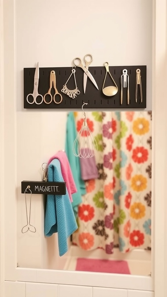 Magnetic strip with various tools in a small bathroom setting