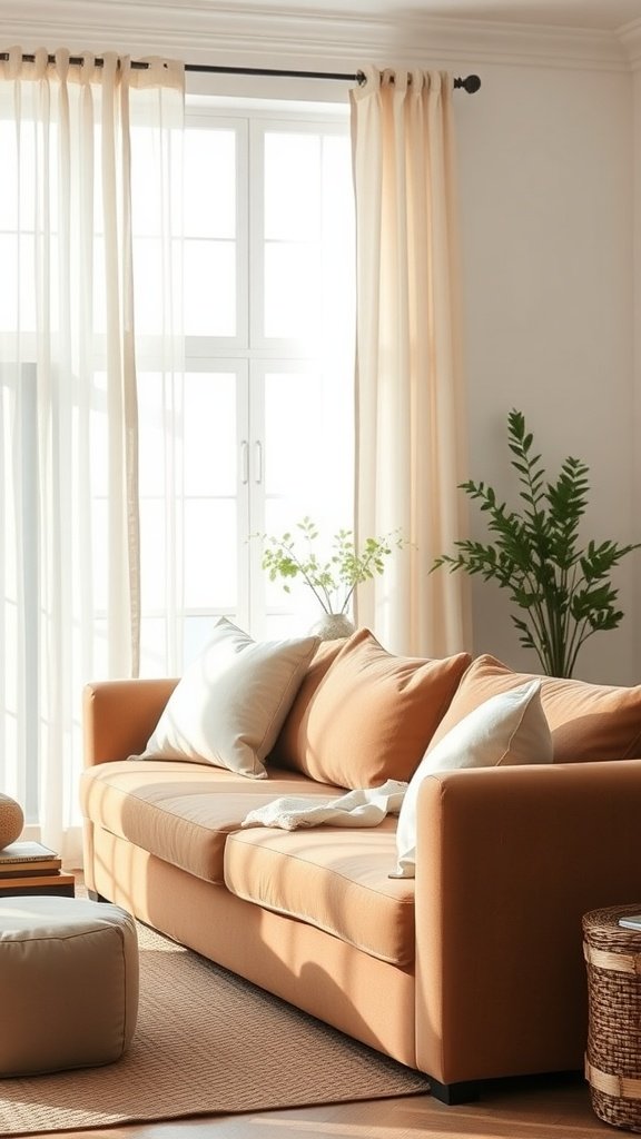 A minimalist living room featuring a brown couch, large windows with sheer curtains, and potted plants for a farmhouse look.