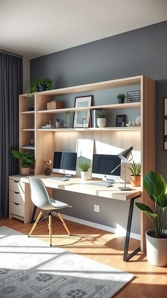 A stylish Murphy desk setup in a small home office with two monitors, a chair, and plants.