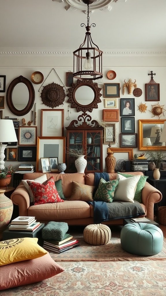 A living room filled with a variety of decorative items, showcasing over-accessorizing with multiple framed pictures, mirrors, and various colored pillows.
