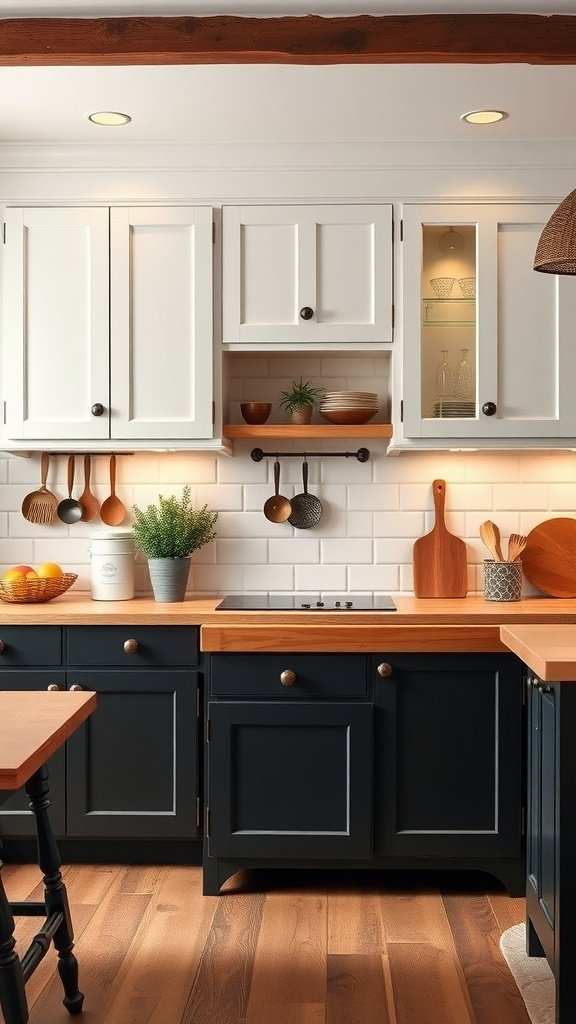 A farmhouse kitchen with white upper cabinets and black lower cabinets, featuring a warm wood countertop and open shelves.