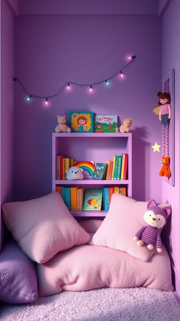 Cozy purple reading nook for kids with plush pillows, a bookshelf of colorful books, and playful decorations.