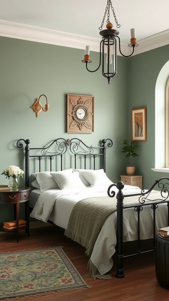Sage green bedroom featuring an iron bed frame, chandelier, and cozy decor