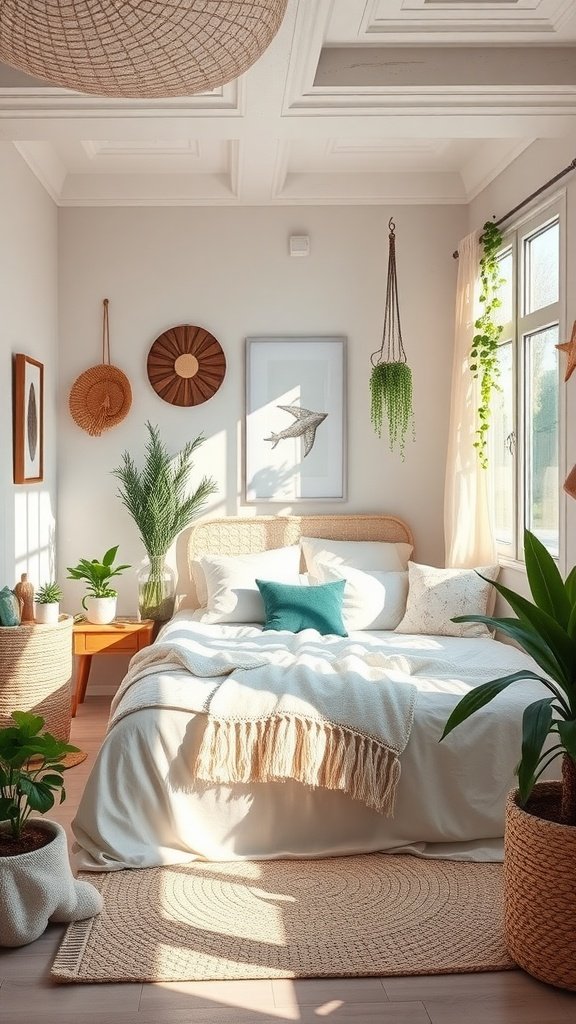 A bright boho bedroom with natural decor, featuring a woven light fixture, plants, and a soft bedspread.
