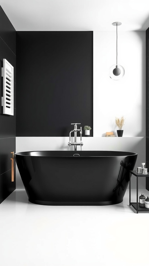 A modern black and white bathroom featuring a black bathtub and silver fixtures.