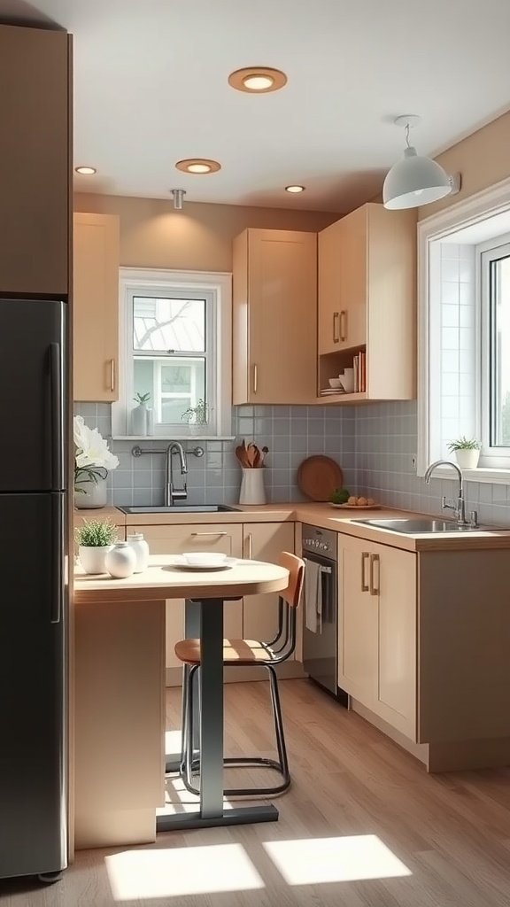 A modern small kitchen with light wood cabinets, a round table, and plenty of natural light.