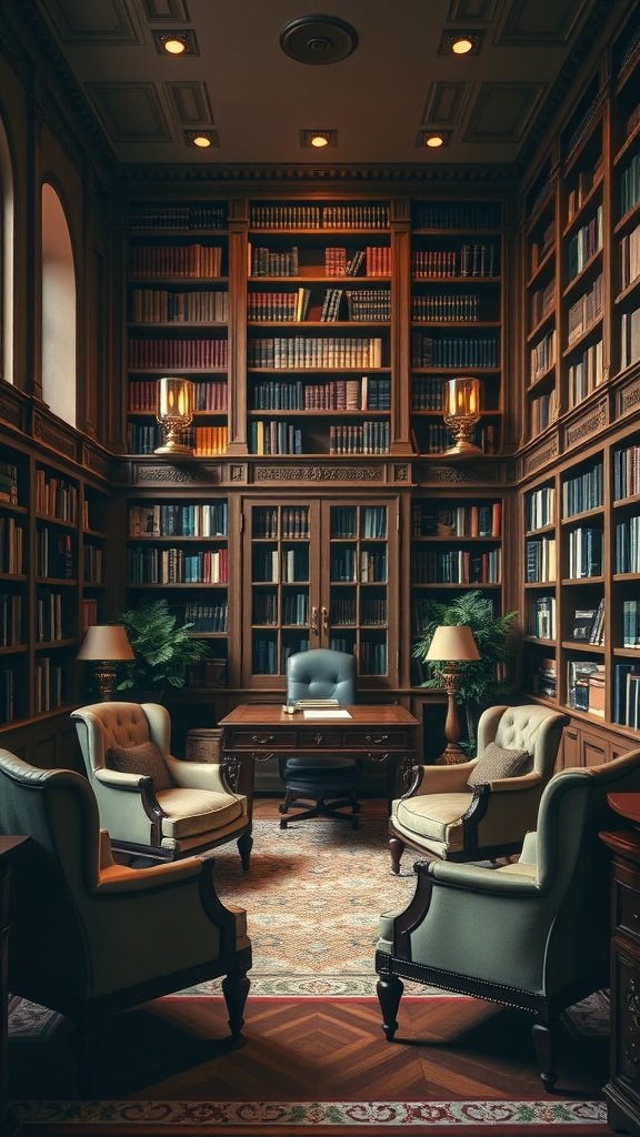 A cozy library room featuring wooden shelves filled with books, comfortable armchairs, and a central desk.