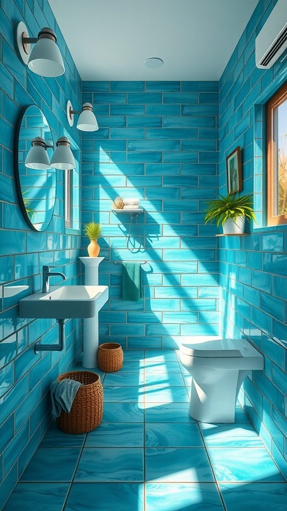 Bright turquoise tiled bathroom with modern fixtures and natural light