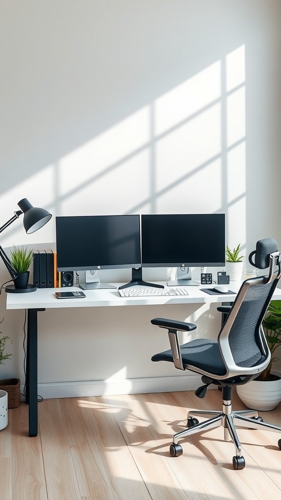 Organized home office setup with dual monitors, ergonomic chair, and plants