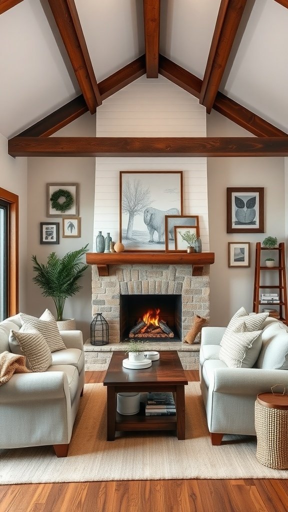 A cozy farmhouse living room with rustic wall art above a stone fireplace, featuring two white sofas, a wooden coffee table, and greenery.