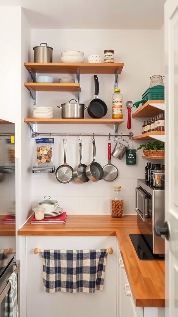 A small kitchen with wooden shelves displaying pots, dishes, and herbs, featuring hanging pots and a clean countertop.