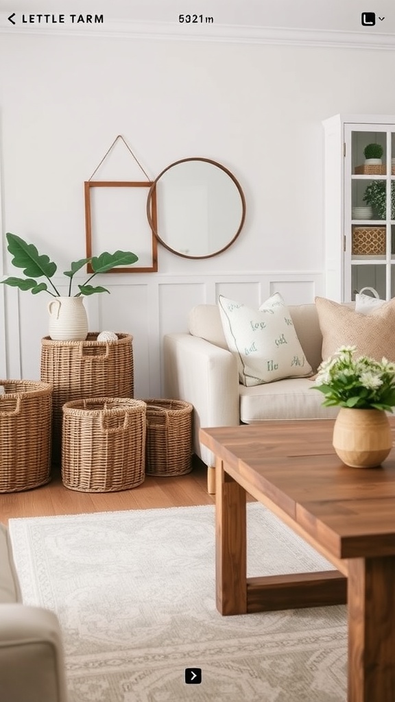A stylish modern farmhouse living room featuring wicker baskets for storage.