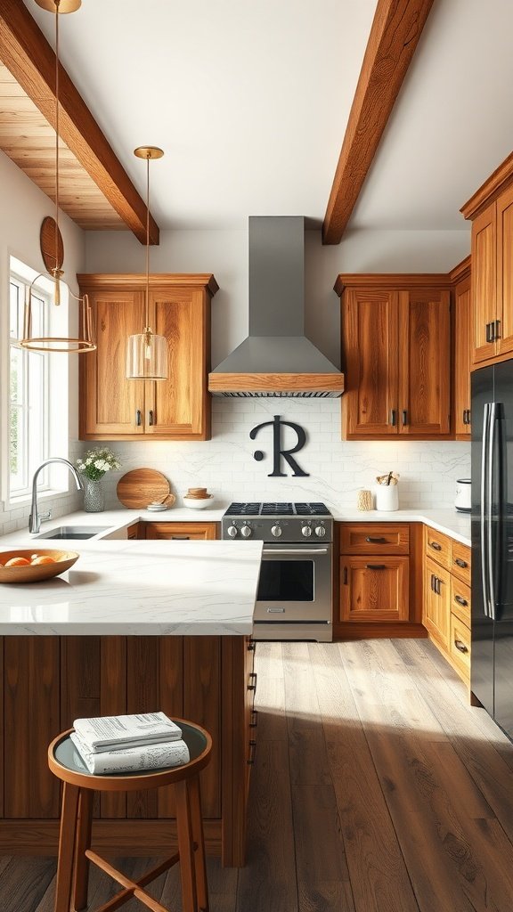 Rustic modern kitchen featuring wood cabinetry and a marble countertop