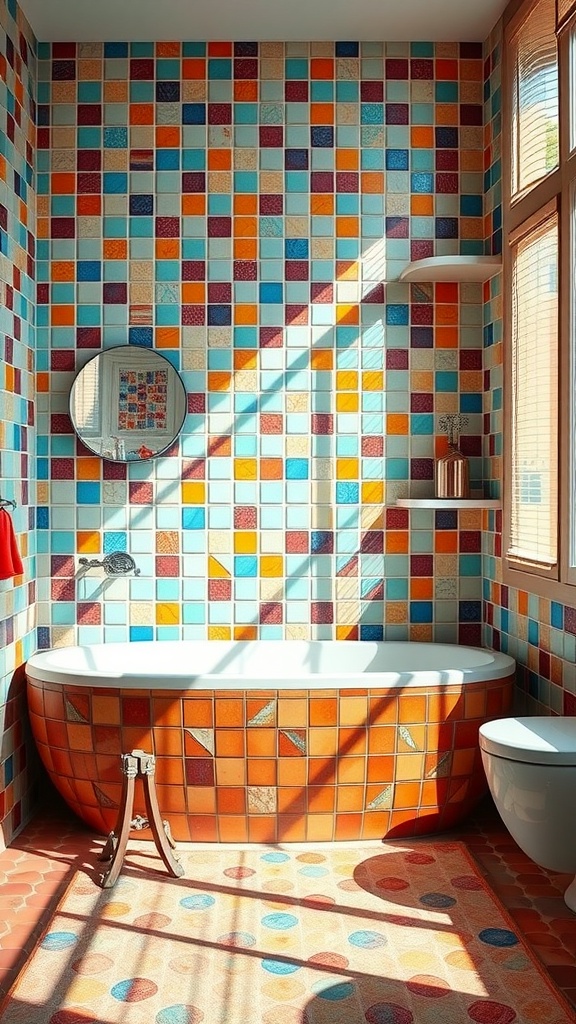 Vibrant bathroom with zellige tiles in blue, orange, and warm hues.
