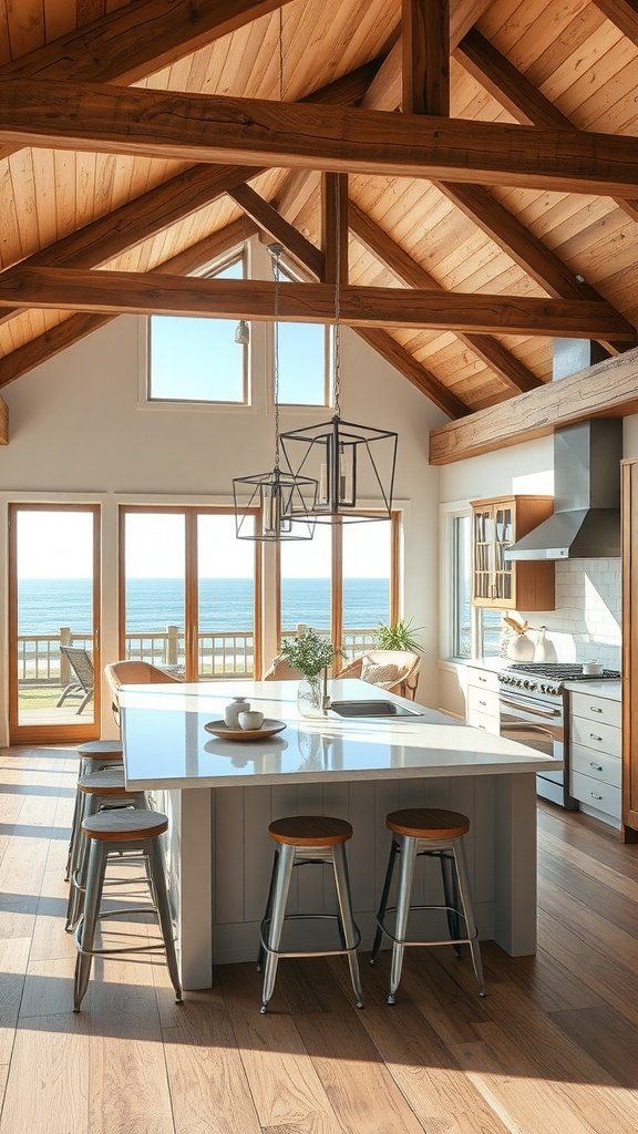 A modern rustic kitchen in a beach property with wooden beams, large windows, and a sleek island.