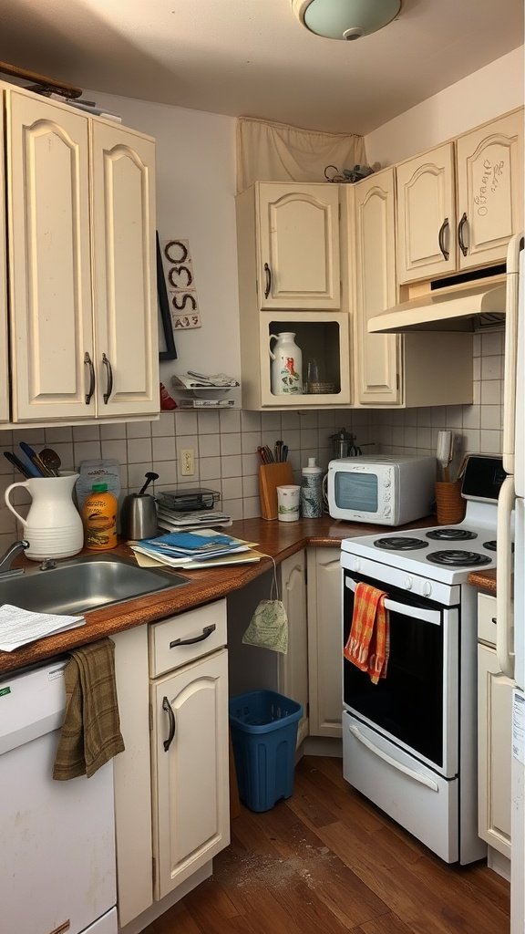 An old, outdated kitchen with off-white cabinets, worn countertops, and older appliances.