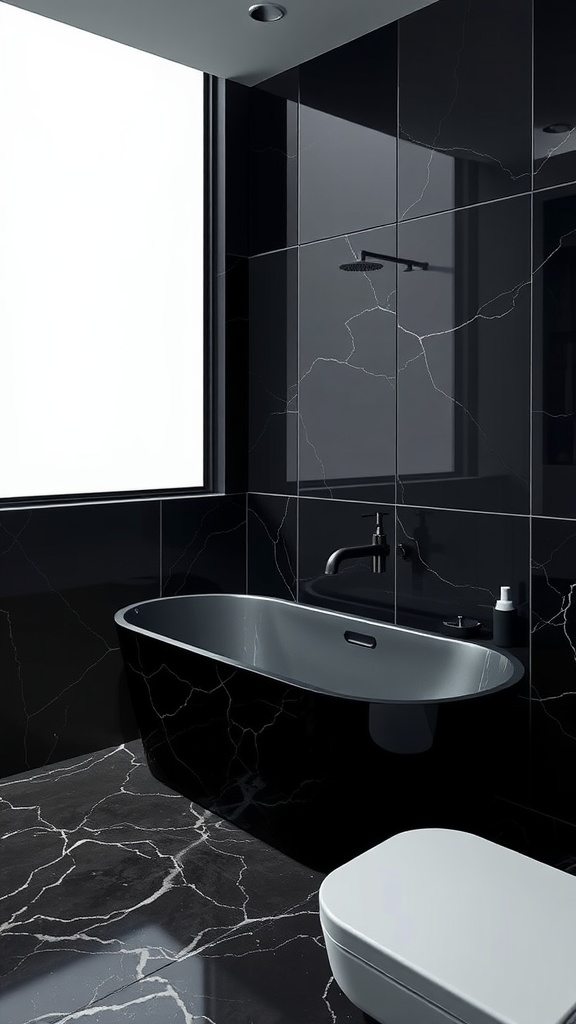 Luxurious black onyx bathroom with modern fixtures and large window