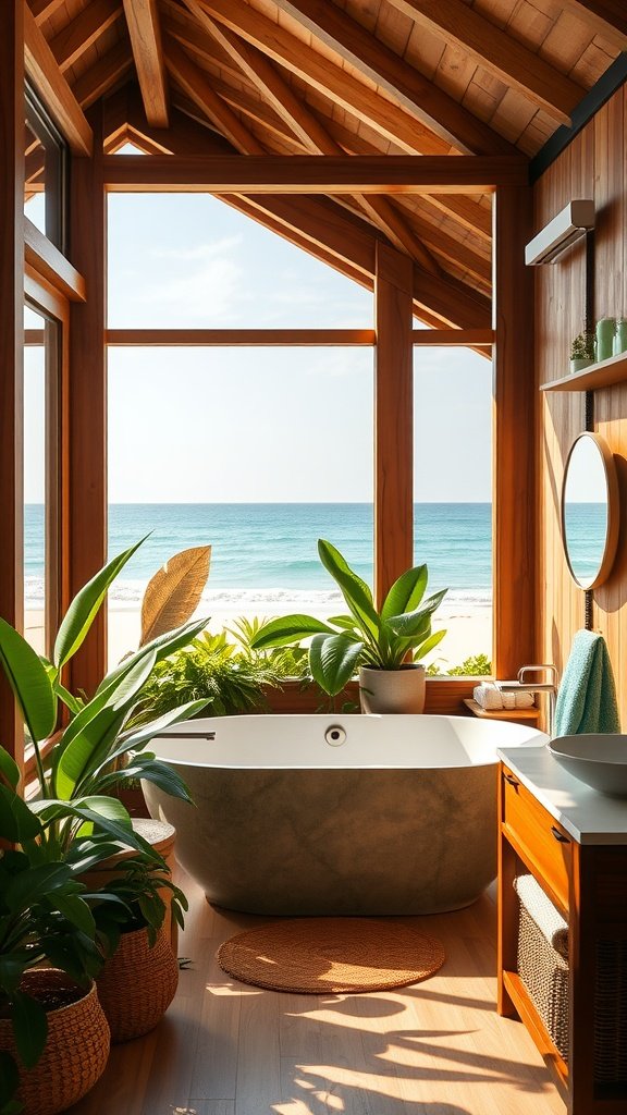 A beautifully designed bathroom with a freestanding tub, lush plants, and ocean views through large windows.