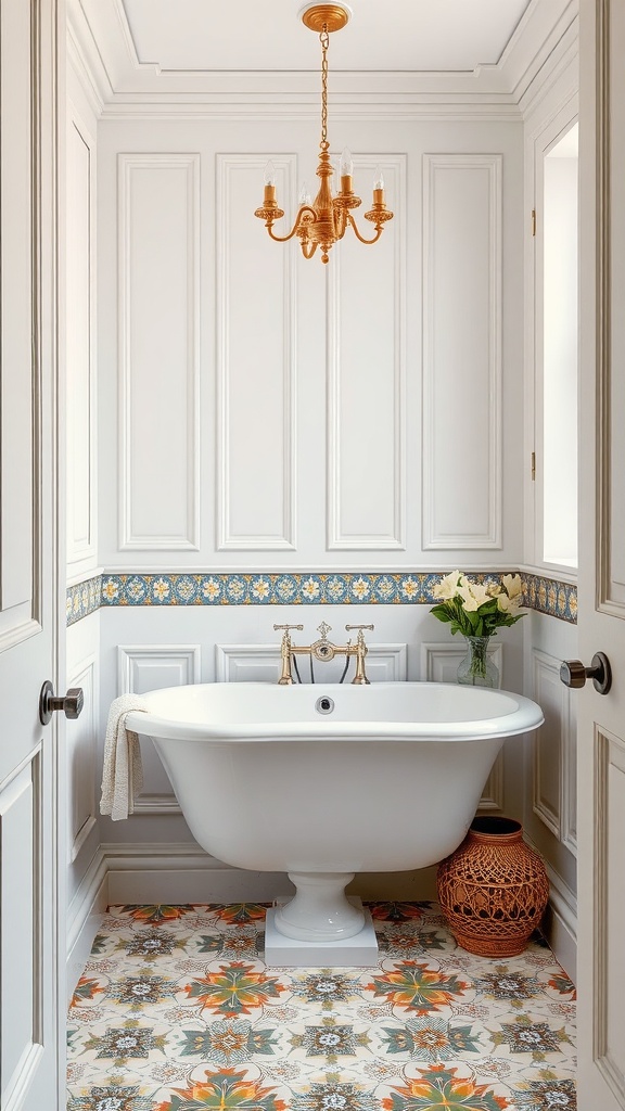 A stylish bathroom featuring patterned floor tiles, classic wall panelling, and a chandelier.