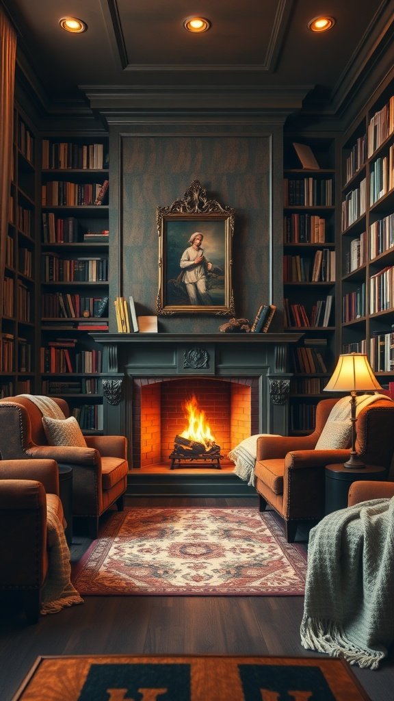 A cozy library room featuring a fireplace, comfortable chairs, and bookshelves filled with books.