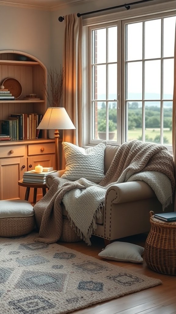 A cozy reading nook in a farmhouse living room with a comfortable armchair, warm blankets, a lamp, and a side table.
