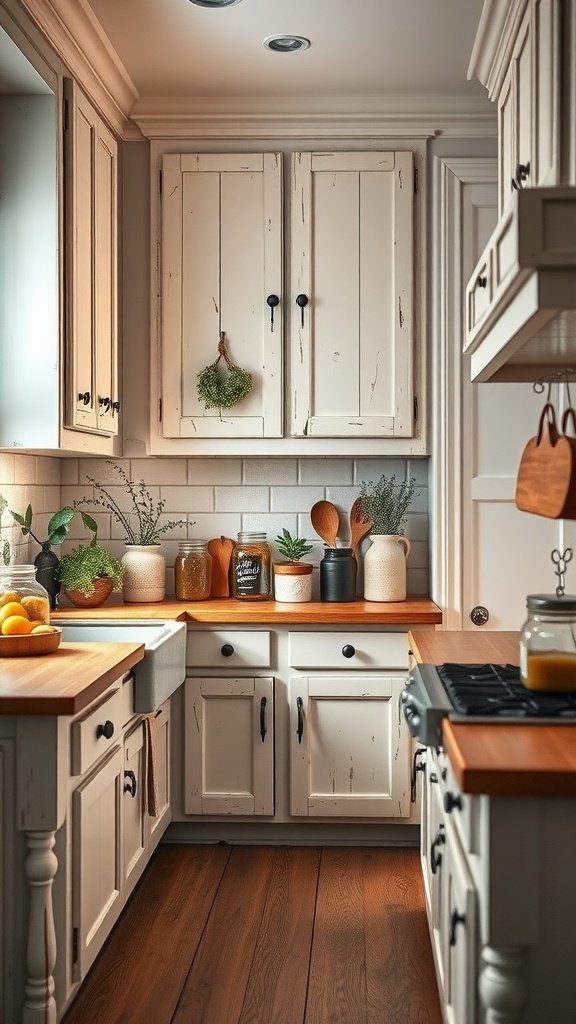 A cozy farmhouse kitchen featuring deep distressed unfinished white cabinets with wooden countertops and plants.