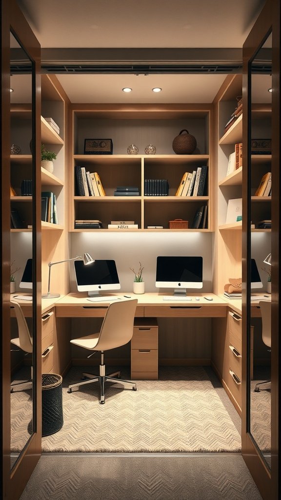 An organized closet office with two desks, ideal for working in a small space.