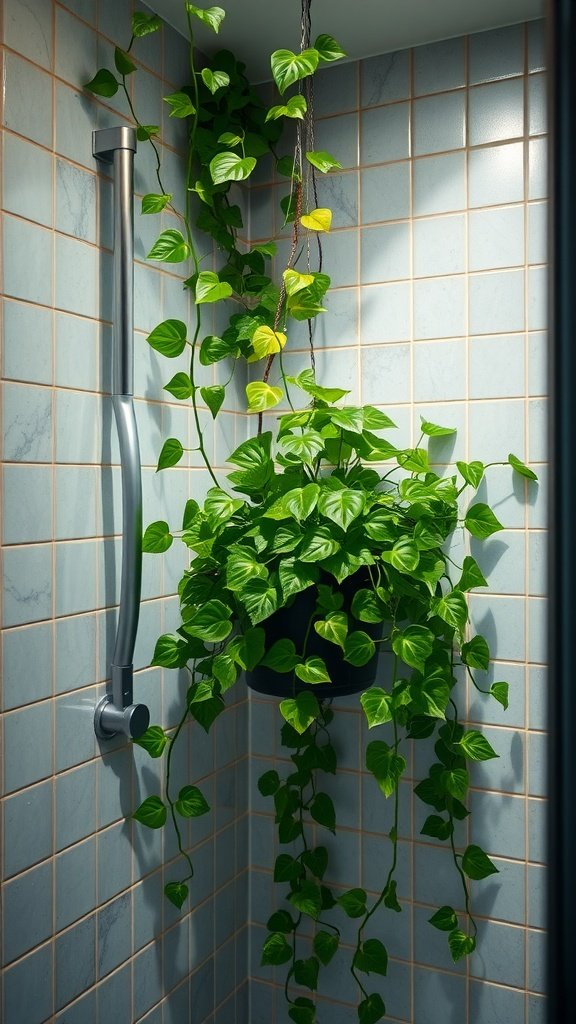 A hanging English Ivy plant with lush green leaves in a shower.