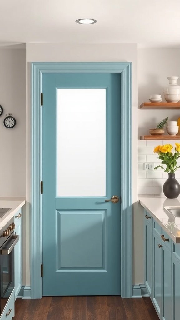 A frosted panel door painted in soft blue color, leading into a kitchen space with modern cabinetry.