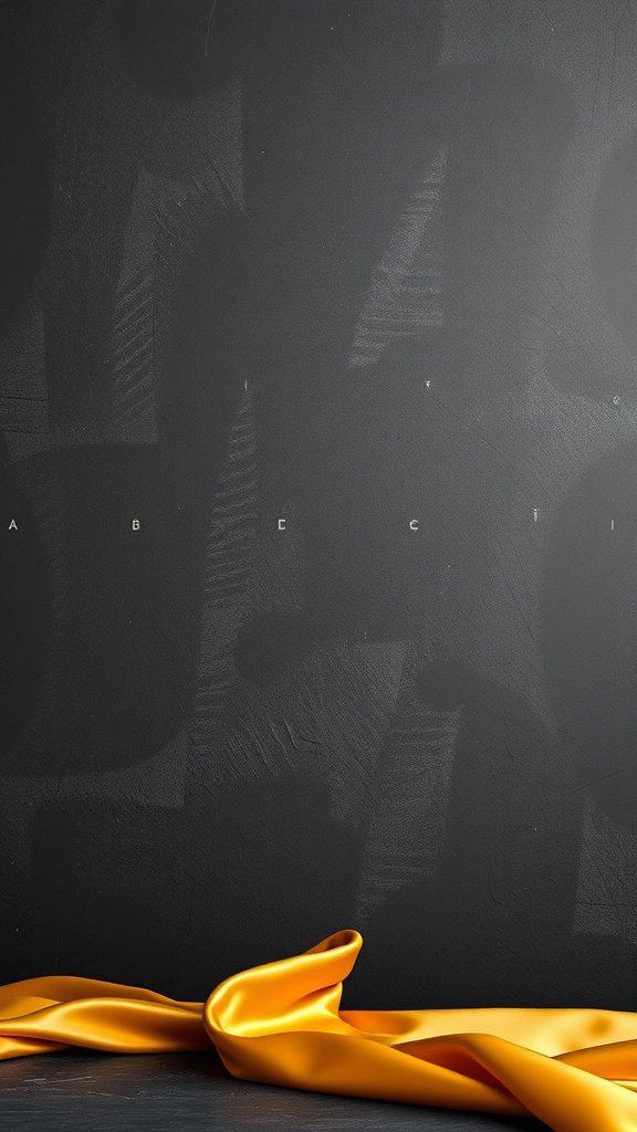 A sleek charcoal gray background with a flowing ribbon of gold silk fabric.