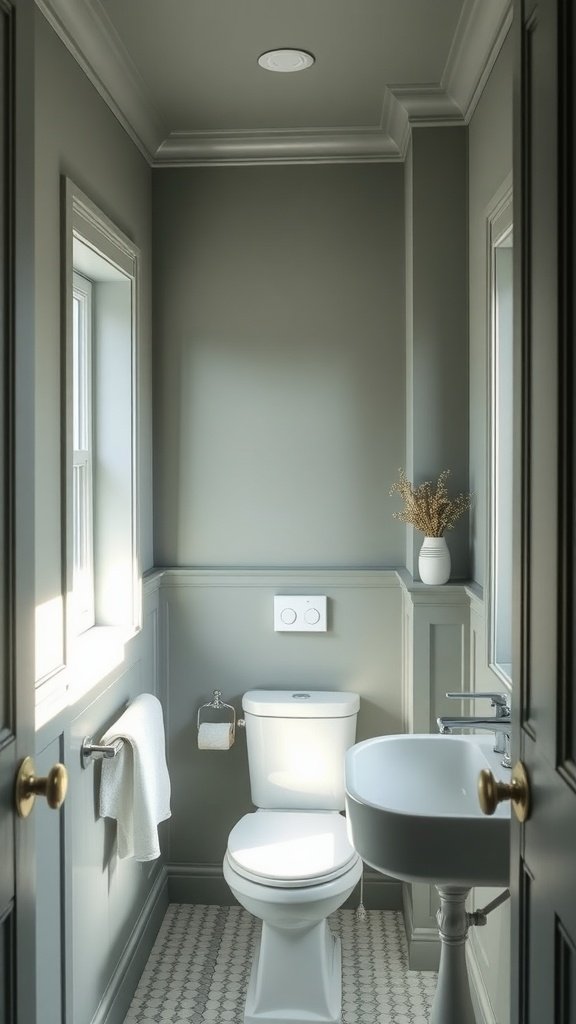 Small bathroom painted in green gray with white fixtures and natural light.