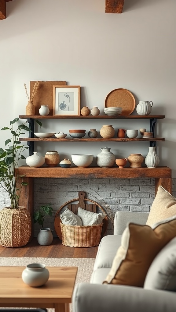 A modern farmhouse living room featuring handmade pottery and ceramics displayed on wooden shelves.