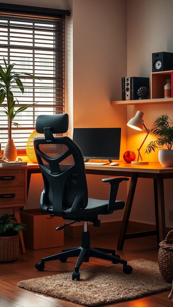 A comfortable ergonomic desk chair in a cozy workspace