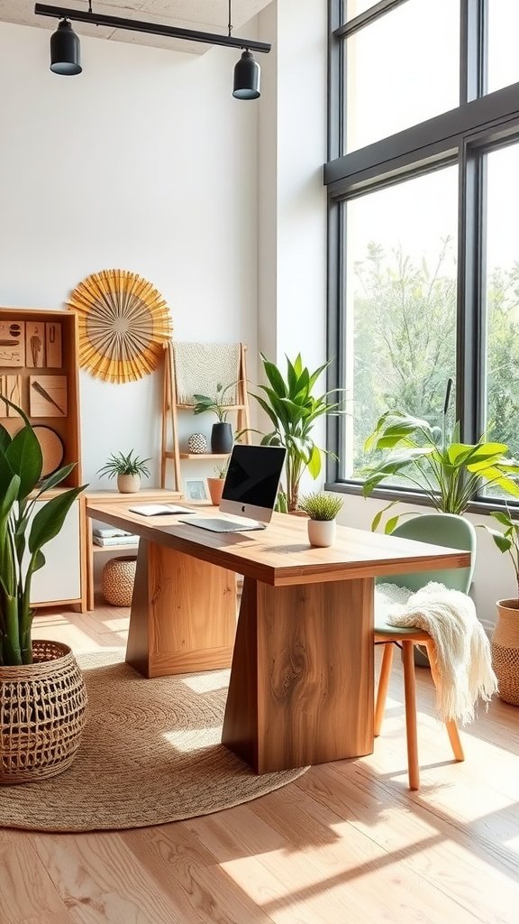 An organic modern office featuring a wooden desk, plants, and natural material accents.