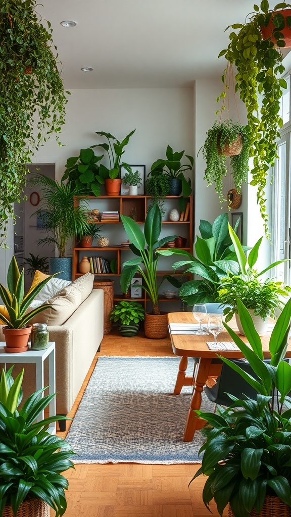 A living room-dining room combo filled with various green plants, featuring a cozy sofa and a dining table.