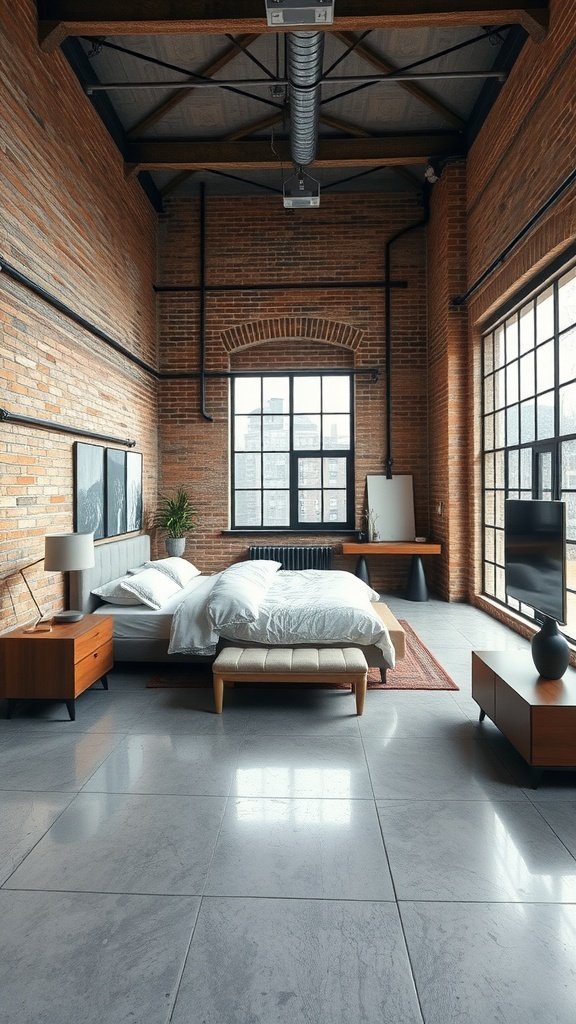 A modern industrial bedroom featuring concrete flooring, exposed brick walls, and large windows